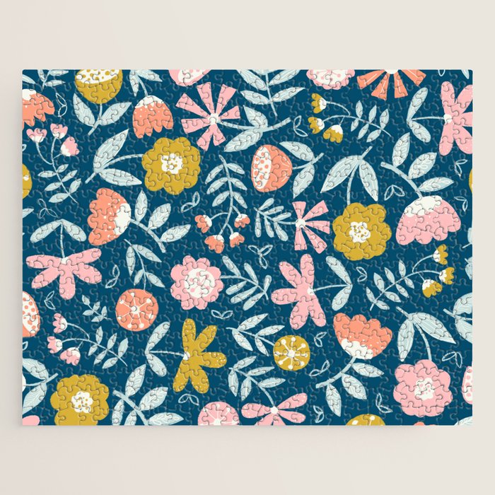 Cute Vintage Flower Pattern Scandinavian Folk Art Jigsaw Puzzle Gallery Image 1