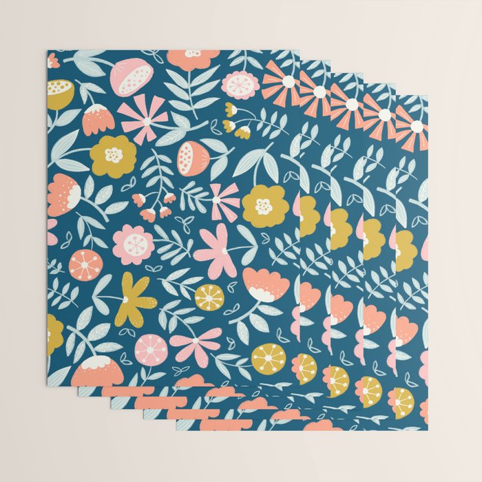 Cute Vintage Flower Pattern Scandinavian Folk Art Wrapping Paper Gallery Image 3