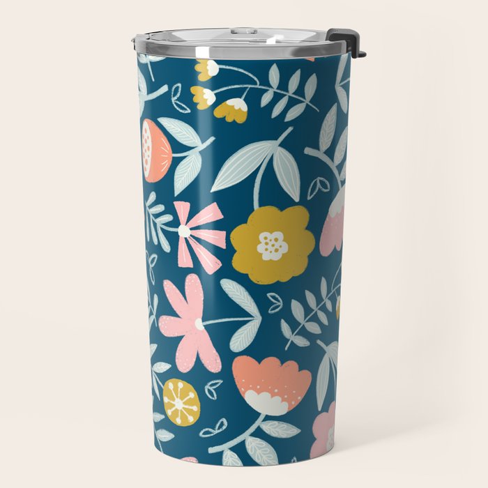 Cute Vintage Flower Pattern Scandinavian Folk Art Travel Mug Gallery Image 2