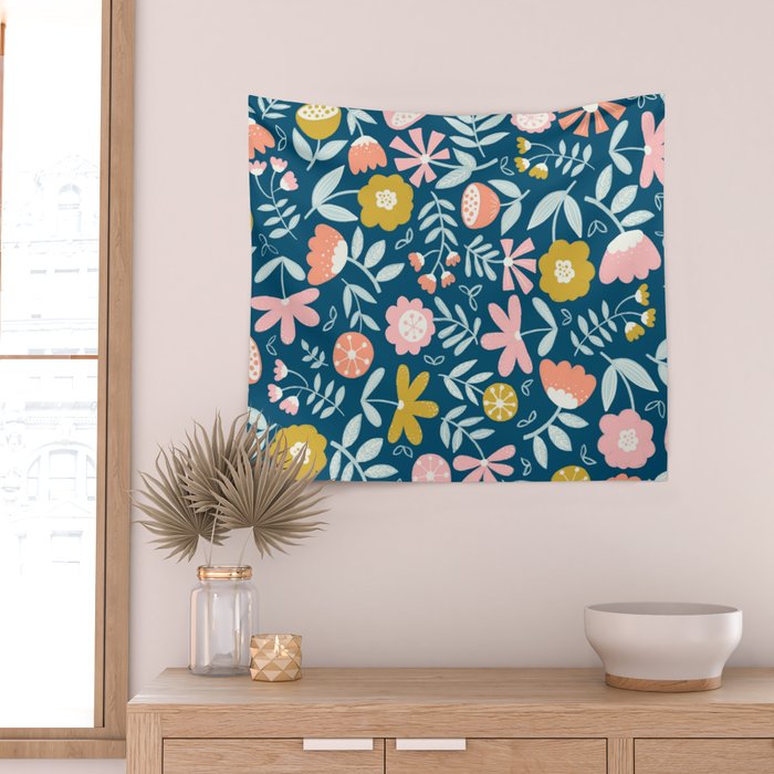Cute Vintage Flower Pattern Scandinavian Folk Art Wall Tapestry Gallery Image 2
