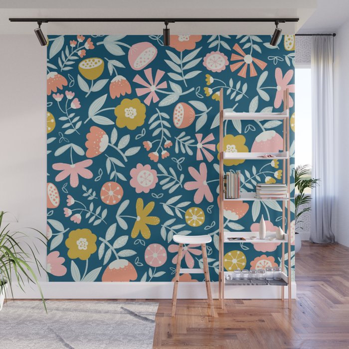 Cute Vintage Flower Pattern Scandinavian Folk Art Wall Mural Gallery Image 1