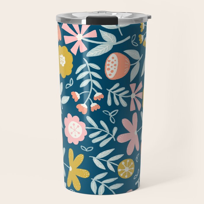 Cute Vintage Flower Pattern Scandinavian Folk Art Travel Mug Gallery Image 1