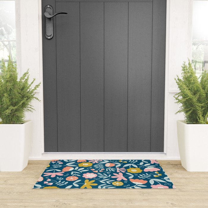 Cute Vintage Flower Pattern Scandinavian Folk Art Welcome Mat Gallery Image 3