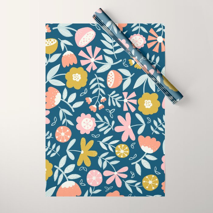 Cute Vintage Flower Pattern Scandinavian Folk Art Wrapping Paper Gallery Image 1