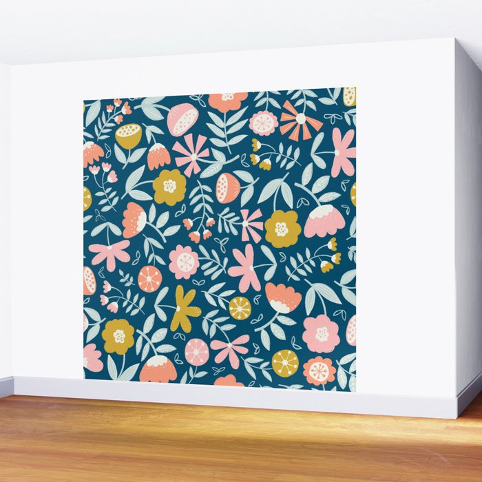 Cute Vintage Flower Pattern Scandinavian Folk Art Wall Mural Gallery Image 2