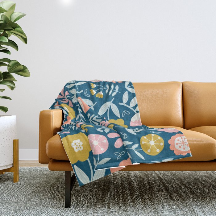 Cute Vintage Flower Pattern Scandinavian Folk Art Throw Blanket Gallery Image 1