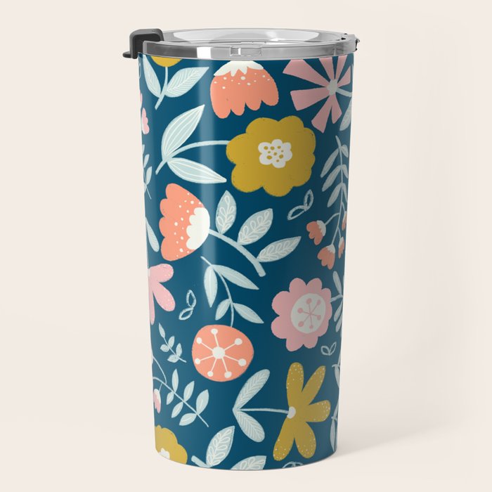 Cute Vintage Flower Pattern Scandinavian Folk Art Travel Mug Gallery Image 3
