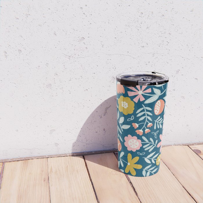 Cute Vintage Flower Pattern Scandinavian Folk Art Travel Mug Gallery Image 4