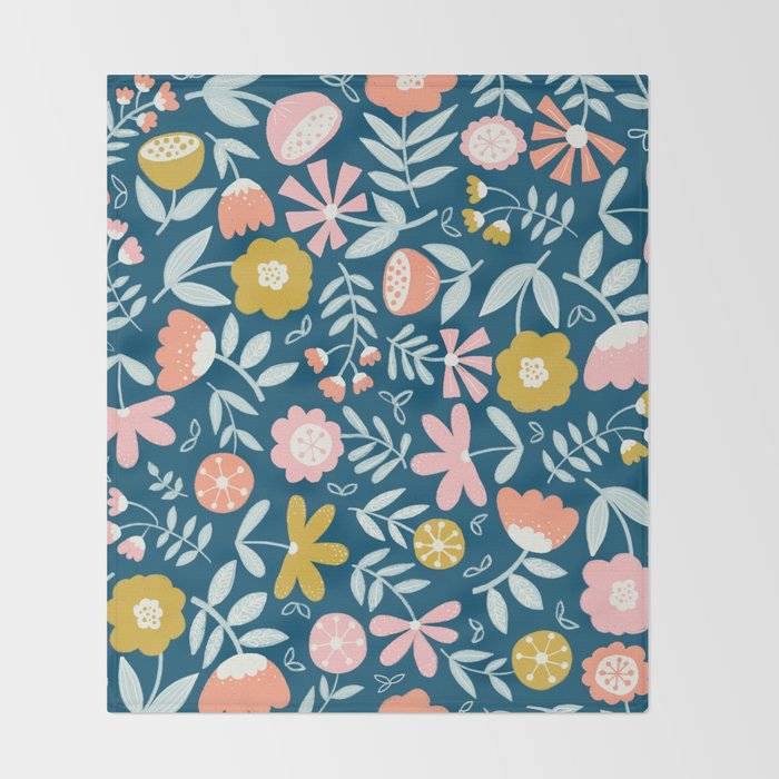 Cute Vintage Flower Pattern Scandinavian Folk Art Throw Blanket Gallery Image 2