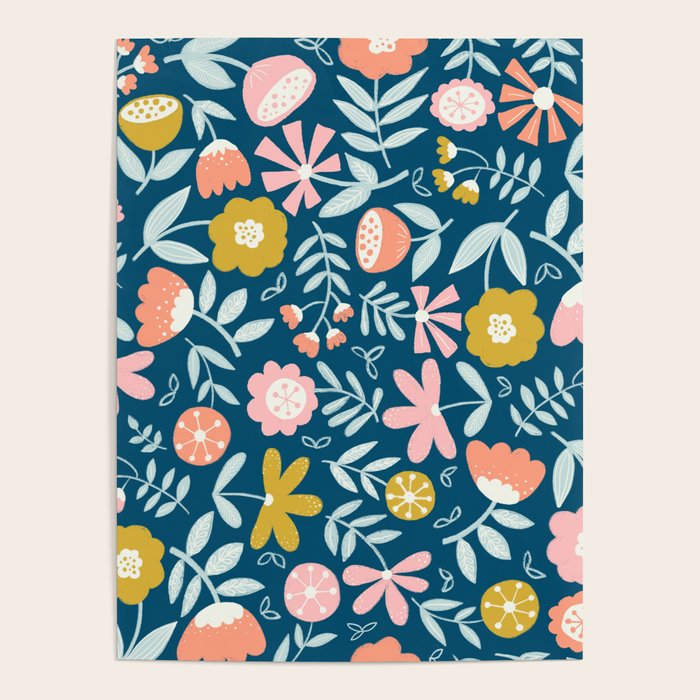Cute Vintage Flower Pattern Scandinavian Folk Art Poster Gallery Image 4