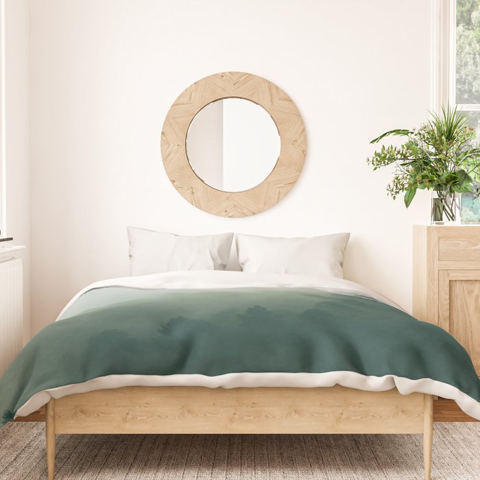 Green Pine Trees Misty Foggy Forest Green Ombre Gradient Minimalist Landscape Duvet Cover Gallery Image 3
