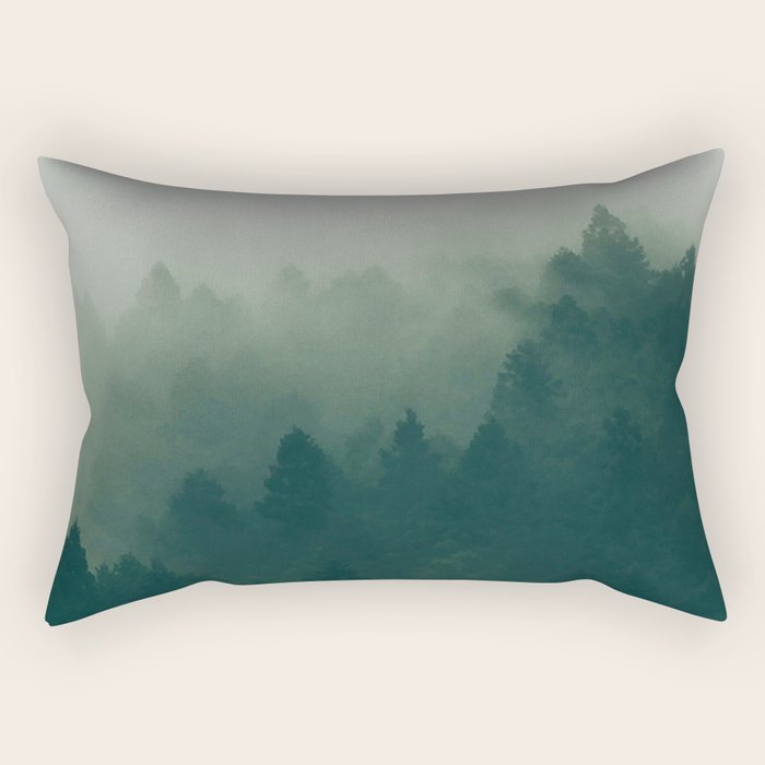Green Pine Trees Misty Foggy Forest Green Ombre Gradient Minimalist Landscape Rectangular Pillow Gallery Image 1