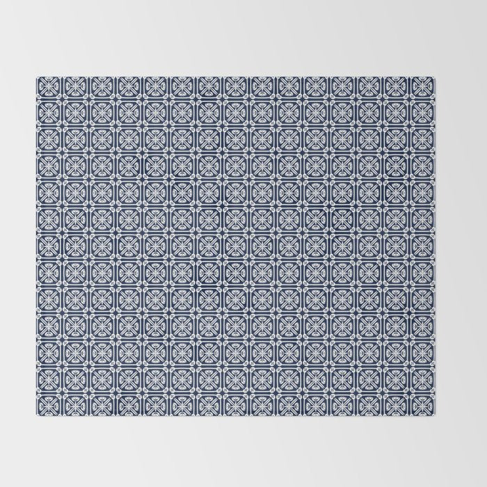 Nouveau Spanish Tile Pattern in Nautical Navy Blue and White Throw Blanket Gallery Image 2