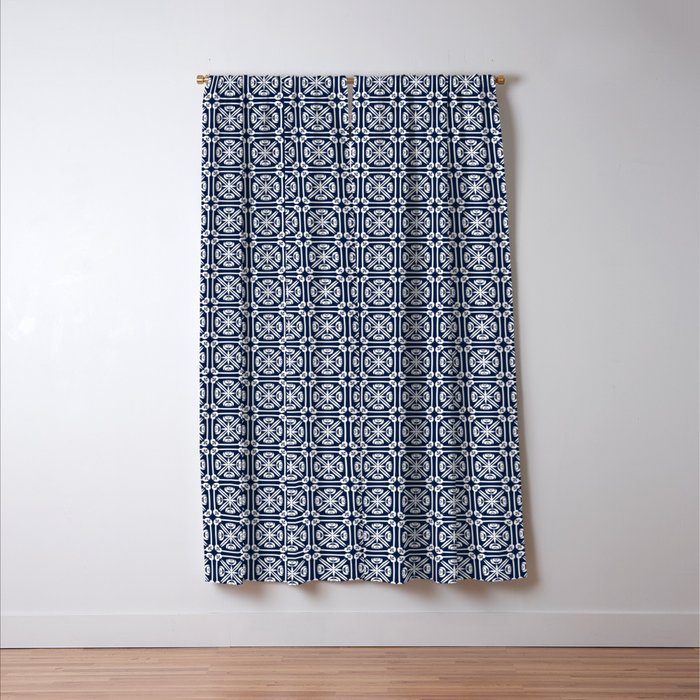Nouveau Spanish Tile Pattern in Nautical Navy Blue and White Window Curtain Gallery Image 3