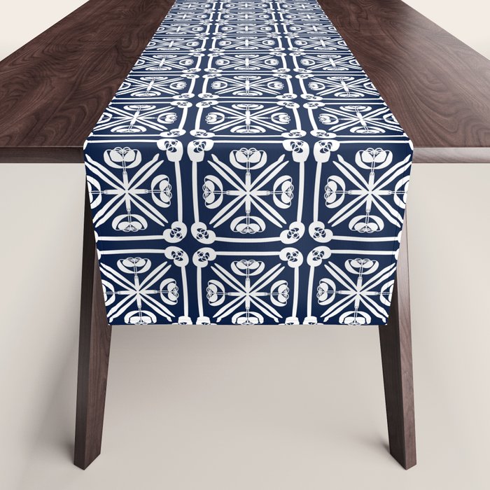 Nouveau Spanish Tile Pattern in Nautical Navy Blue and White Table Runner Gallery Image 1