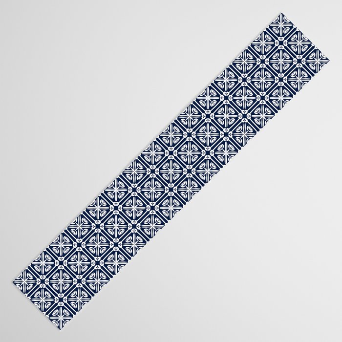 Nouveau Spanish Tile Pattern in Nautical Navy Blue and White Table Runner Gallery Image 3