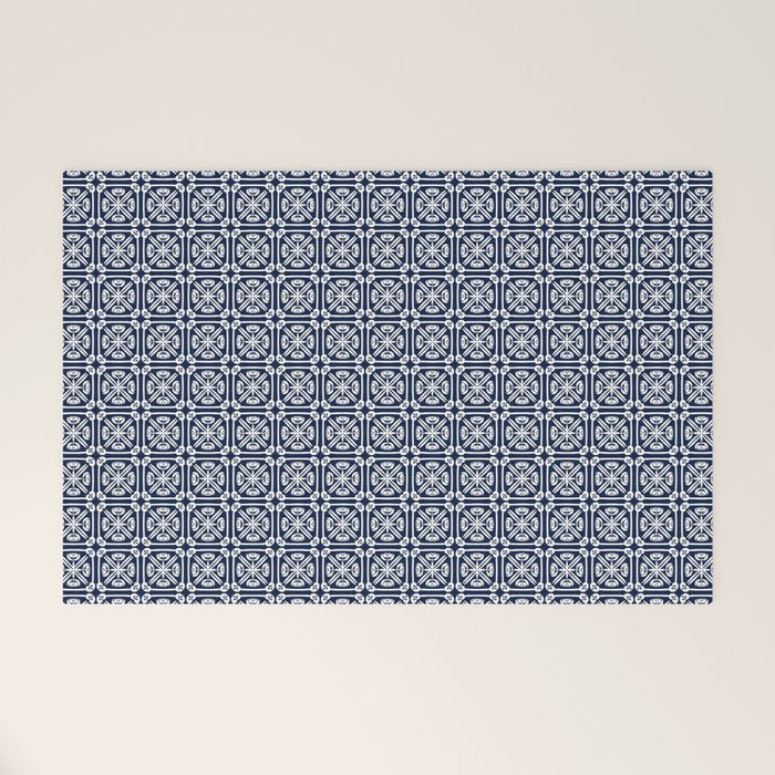 Nouveau Spanish Tile Pattern in Nautical Navy Blue and White Welcome Mat Gallery Image 1