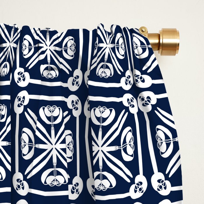 Nouveau Spanish Tile Pattern in Nautical Navy Blue and White Window Curtain Gallery Image 2