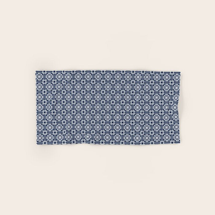 Nouveau Spanish Tile Pattern in Nautical Navy Blue and White Bath Towel Gallery Image 1