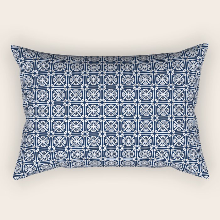 Nouveau Spanish Tile Pattern in Nautical Navy Blue and White Rectangular Pillow Gallery Image 2