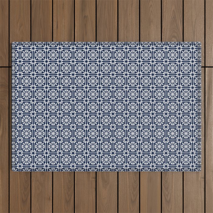 Nouveau Spanish Tile Pattern in Nautical Navy Blue and White Outdoor Rug Gallery Image 1