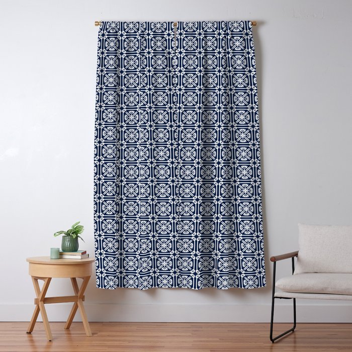 Nouveau Spanish Tile Pattern in Nautical Navy Blue and White Window Curtain Gallery Image 5