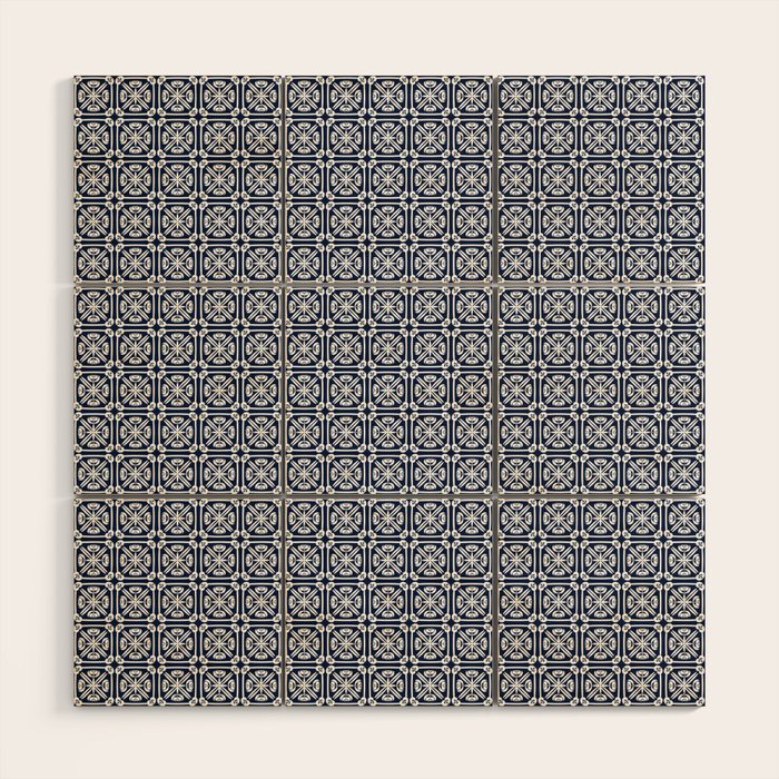 Nouveau Spanish Tile Pattern in Nautical Navy Blue and White Wood Wall Art Gallery Image 1