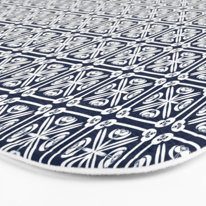 Nouveau Spanish Tile Pattern in Nautical Navy Blue and White Bath Mat Gallery Image 3