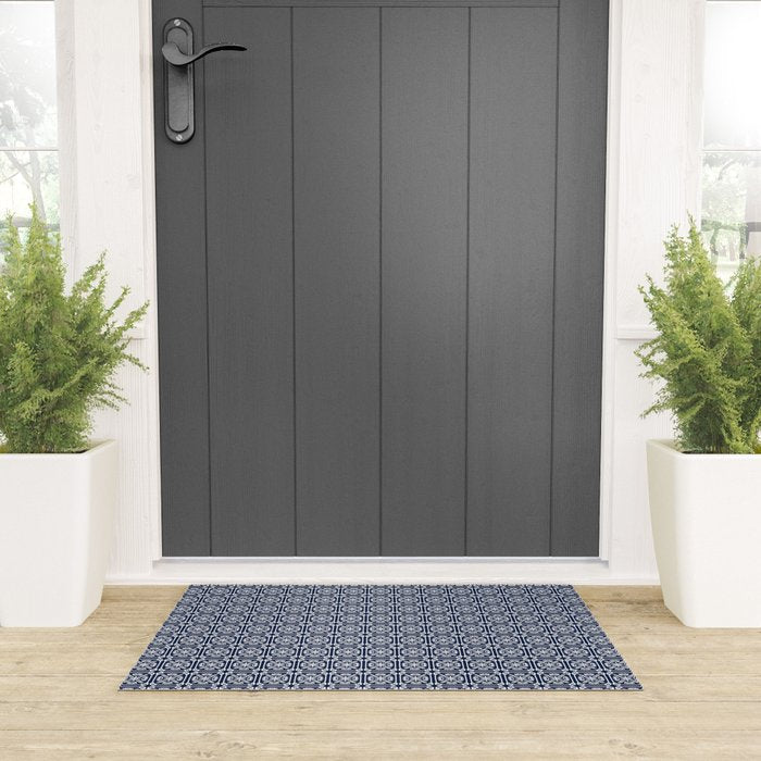 Nouveau Spanish Tile Pattern in Nautical Navy Blue and White Welcome Mat Gallery Image 3