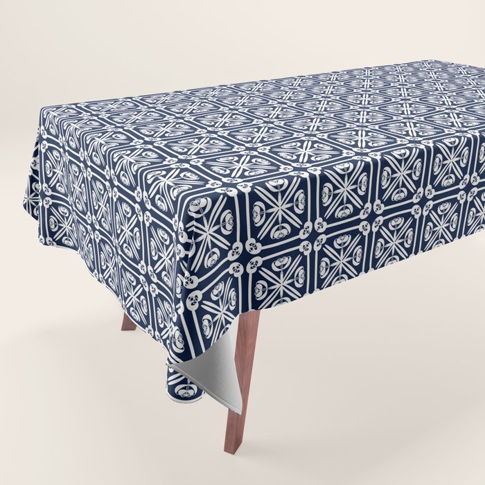 Nouveau Spanish Tile Pattern in Nautical Navy Blue and White Tablecloth Gallery Image 1