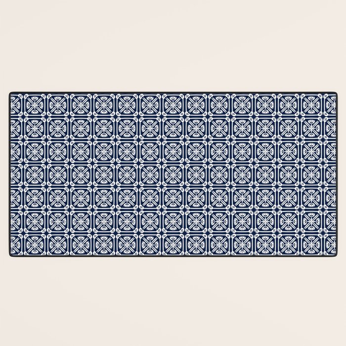 Nouveau Spanish Tile Pattern in Nautical Navy Blue and White Desk Mat Gallery Image 3