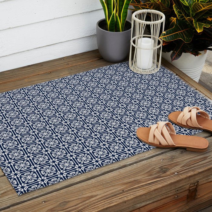 Nouveau Spanish Tile Pattern in Nautical Navy Blue and White Outdoor Rug Gallery Image 2