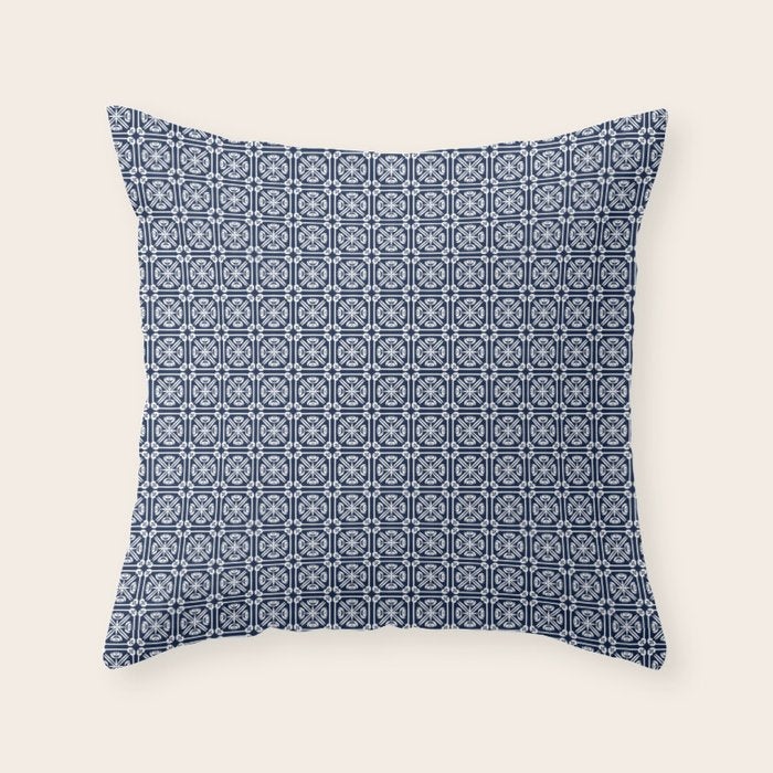 Nouveau Spanish Tile Pattern in Nautical Navy Blue and White Throw Pillow Gallery Image 6