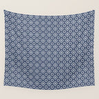 Nouveau Spanish Tile Pattern in Nautical Navy Blue and White Wall Tapestry Gallery Image 4