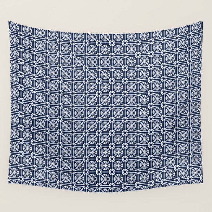 Nouveau Spanish Tile Pattern in Nautical Navy Blue and White Wall Tapestry Gallery Image 4