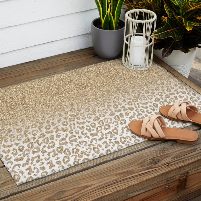 Trendy Gold Glitter and Leopard Print Gradient Outdoor Rug Gallery Image 2