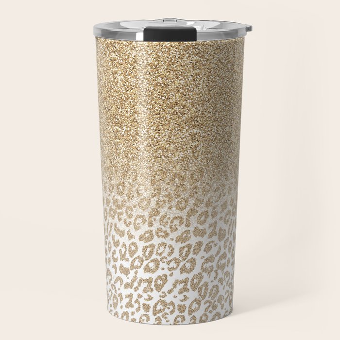 Trendy Gold Glitter and Leopard Print Gradient Travel Mug Gallery Image 1
