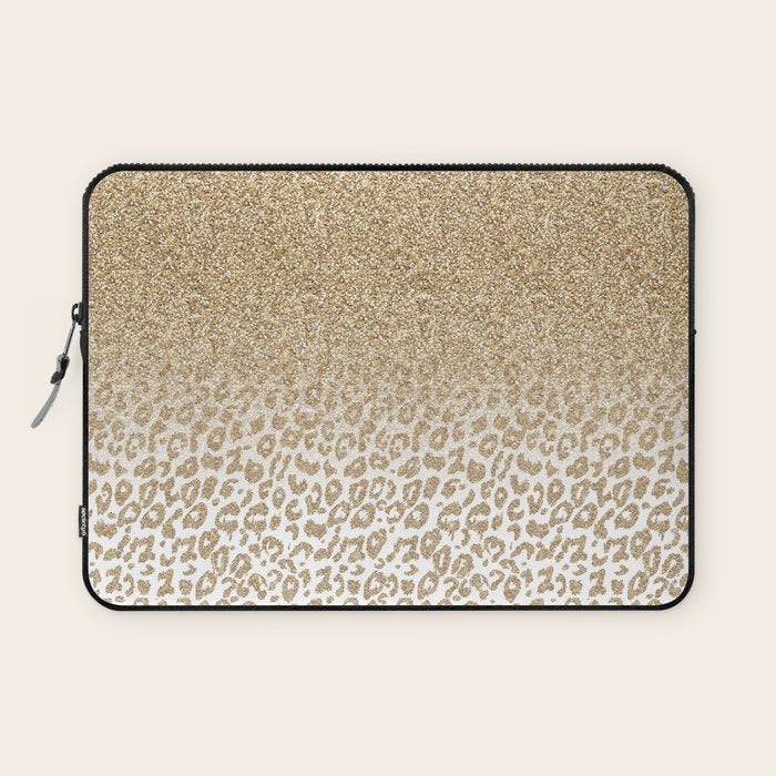Trendy Gold Glitter and Leopard Print Gradient Laptop Sleeve Gallery Image 1