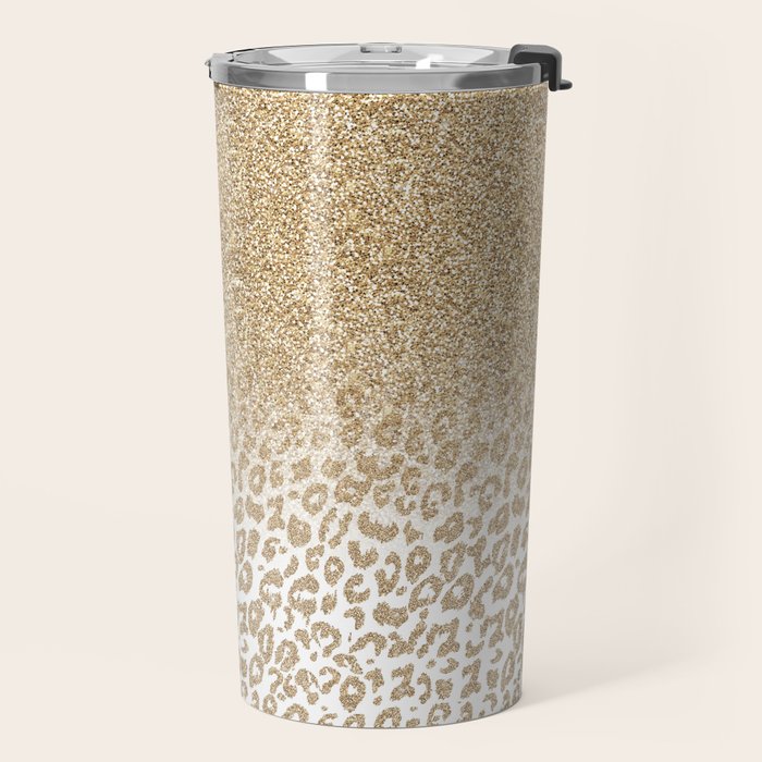 Trendy Gold Glitter and Leopard Print Gradient Travel Mug Gallery Image 2