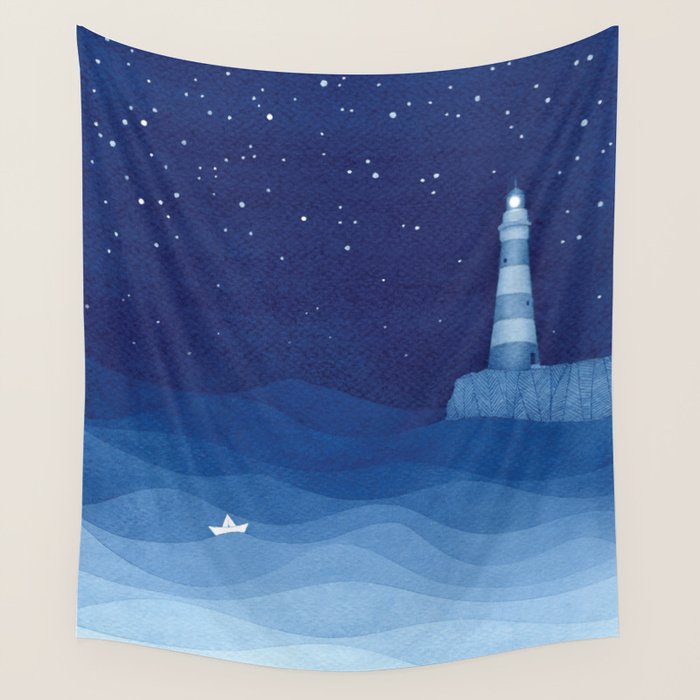 Lighthouse & the paper boat, blue ocean Wall Tapestry Gallery Image 1