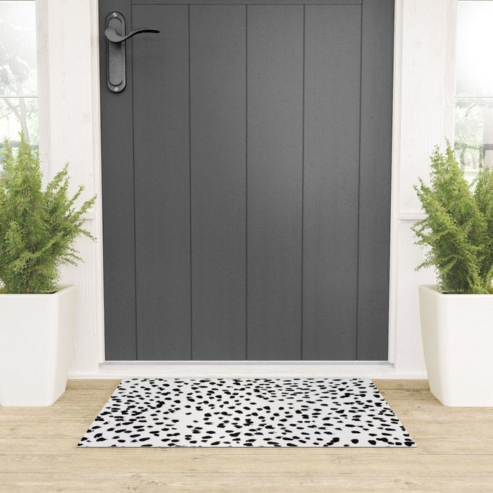 Nadia - Black and White, Animal Print, Dalmatian Spot, Spots, Dots, BW Welcome Mat Gallery Image 3