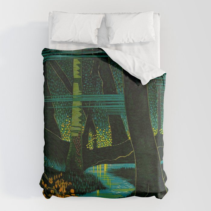 Magical Dark Fantasy Forest Woodblock Duvet Cover Gallery Image 6