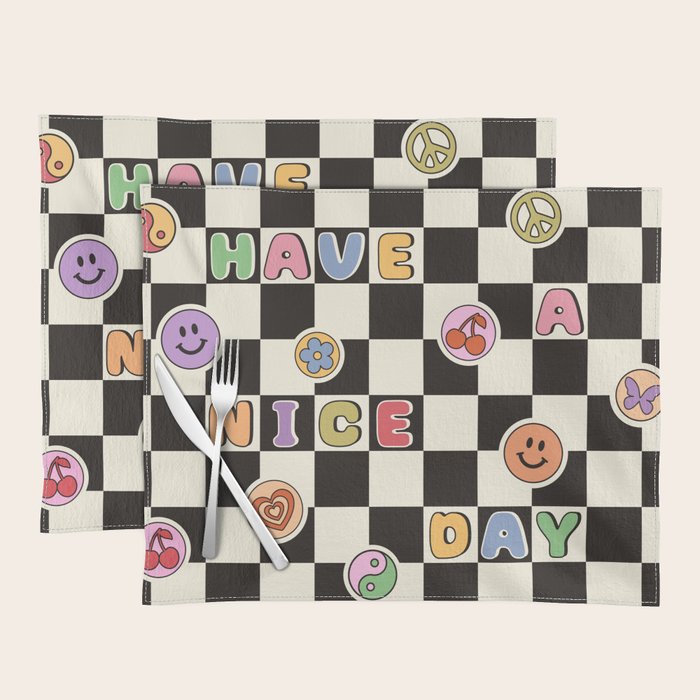 Have A Nice Day. Y2k Stickers, Black & White Checker Placemat Gallery Image 1
