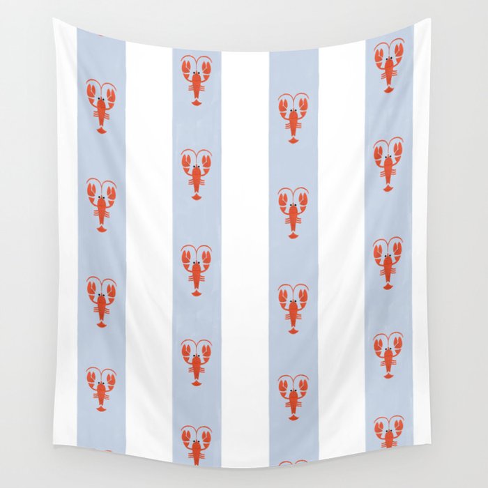 Red Lobsters On Hand-Painted Blue Stripes Wall Tapestry Gallery Image 4