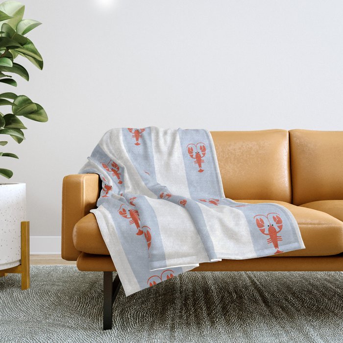 Red Lobsters On Hand-Painted Blue Stripes Throw Blanket Gallery Image 1