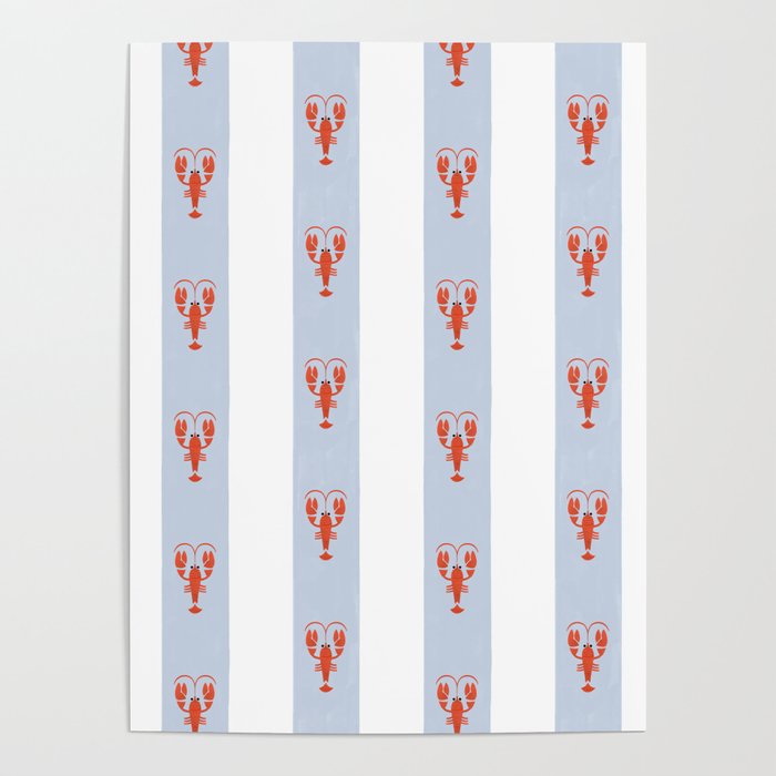 Red Lobsters On Hand-Painted Blue Stripes Poster Gallery Image 1