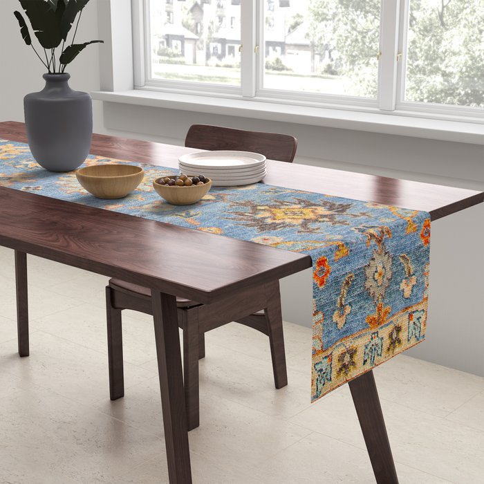 Cornflower Blue Saffron Antique Indian Agra Table Runner Gallery Image 2