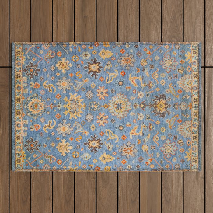 Cornflower Blue Saffron Antique Indian Agra Outdoor Rug Gallery Image 1