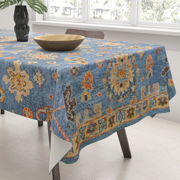 Cornflower Blue Saffron Antique Indian Agra Tablecloth Gallery Image 3