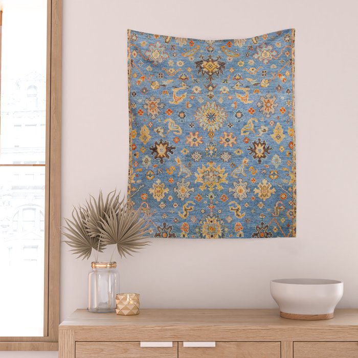 Cornflower Blue Saffron Antique Indian Agra Wall Tapestry Gallery Image 2